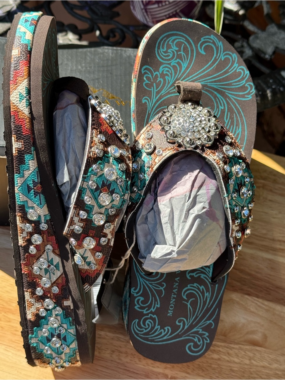 Montana West Brown and Turquoise Jeweled Women’s Sandals - Picture 4 of 6
